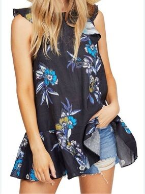 Free People Black Floral Ruffle-Hem Sleeveless Tunic